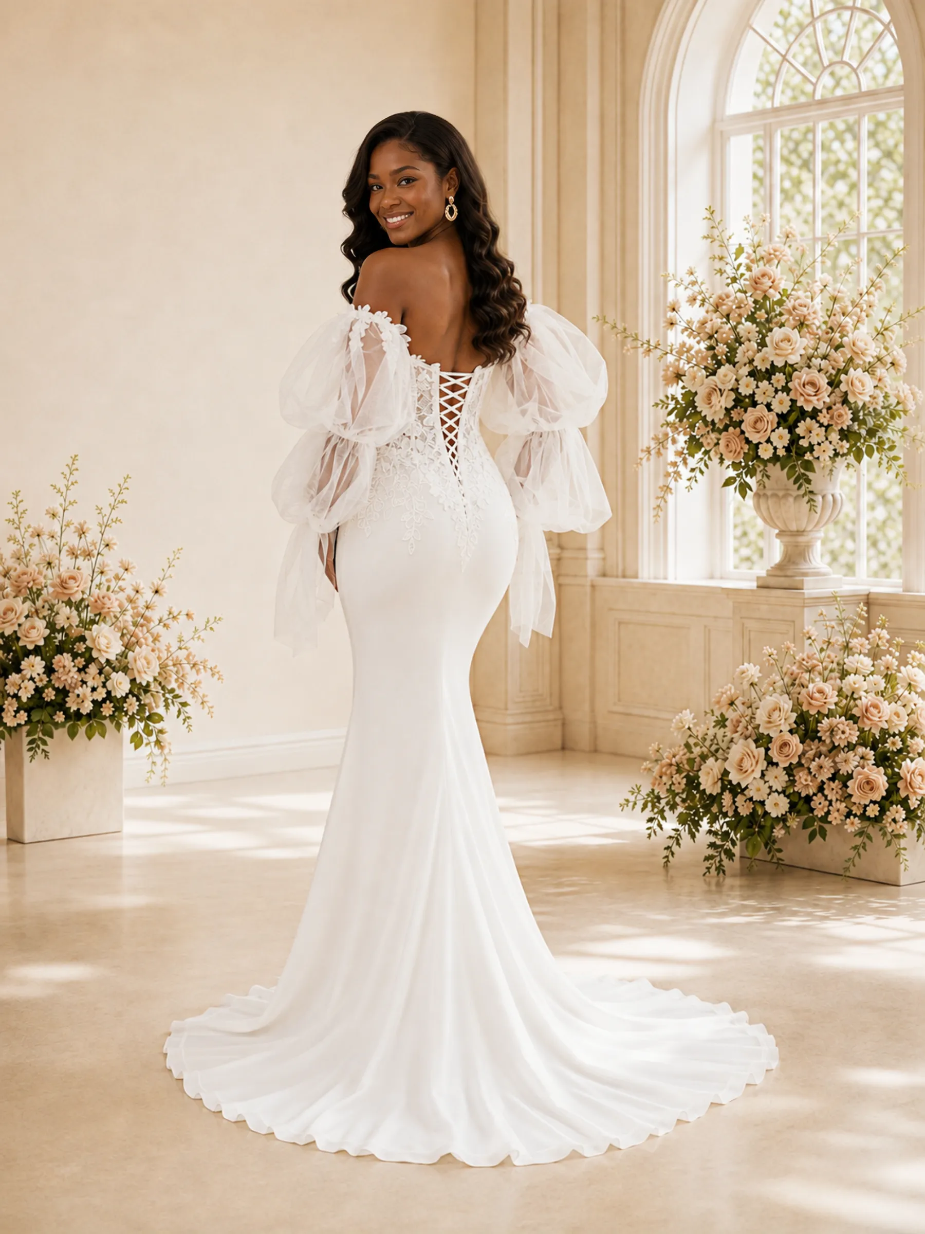 ChicSew Modern Sweetheart Crepe Mermaid Maxi Wedding Dress With Detachable Tulle Sleeves sold by ChicSew product image thumbnail 4