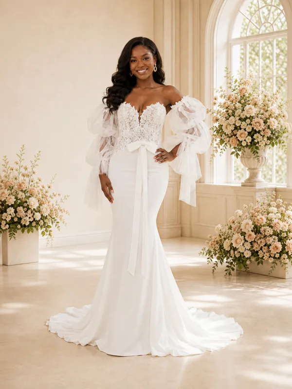 ChicSew Modern Sweetheart Crepe Mermaid Maxi Wedding Dress With Detachable Tulle Sleeves made by ChicSew