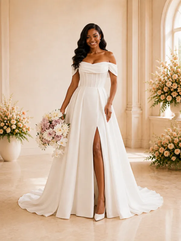 ChicSew Fancy Off The Shoulder Boning Side Slit A-Line Satin Maxi Wedding Dress made by ChicSew