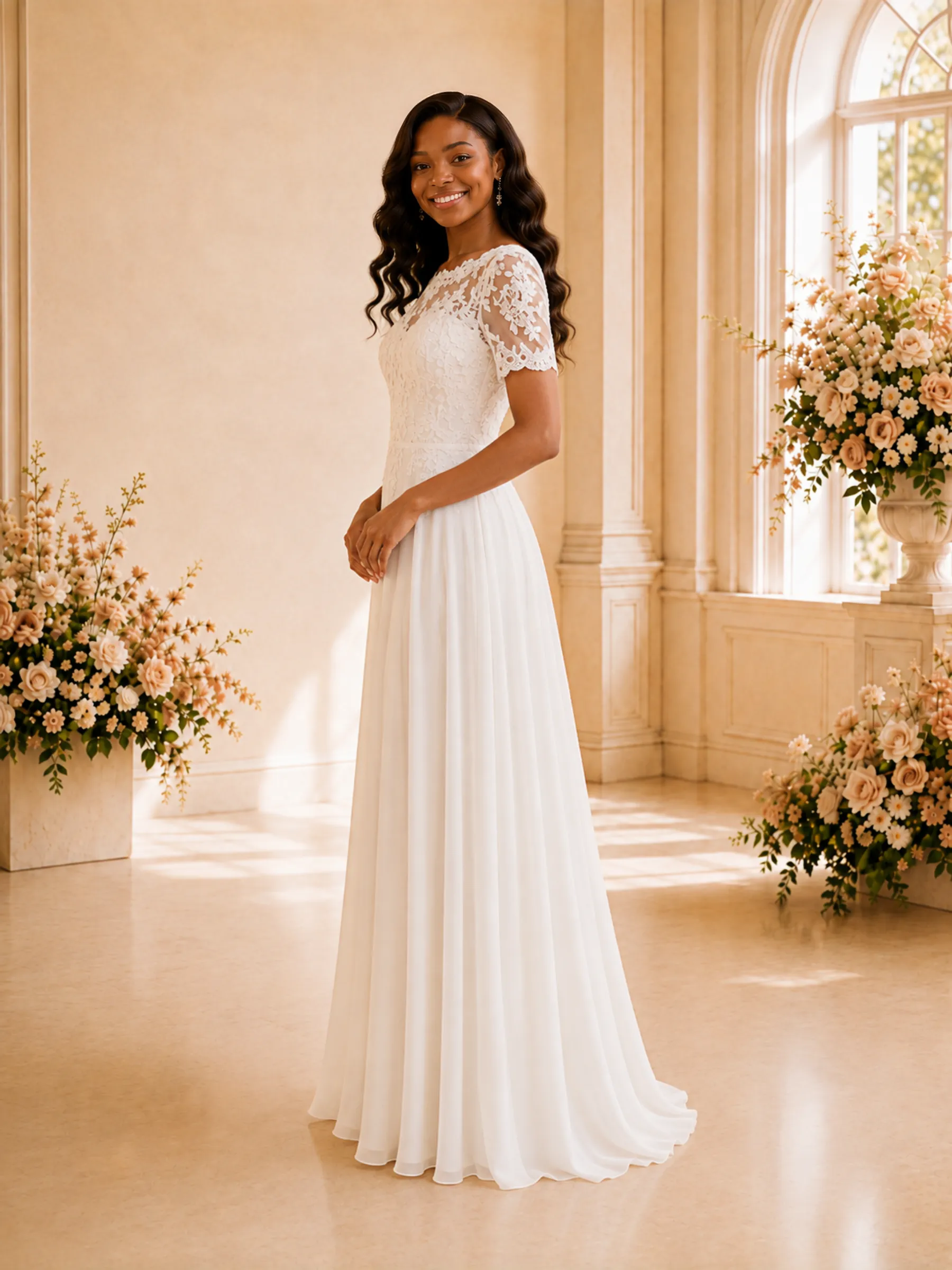 ChicSew Elegant Bateau Short Sleeves Chiffon Maxi Wedding Dress With Lace Appliques sold by ChicSew product image thumbnail 3
