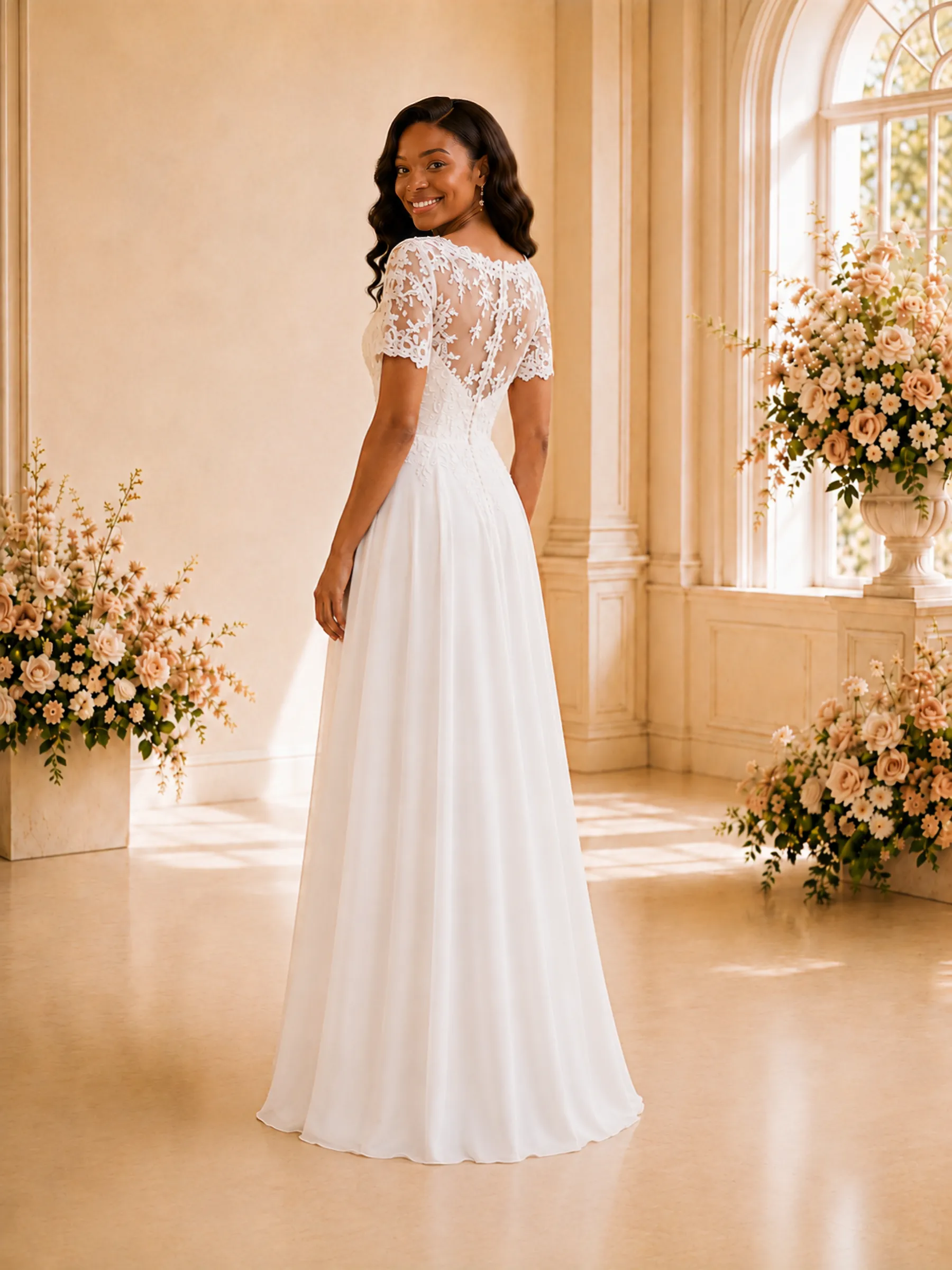 ChicSew Elegant Bateau Short Sleeves Chiffon Maxi Wedding Dress With Lace Appliques sold by ChicSew product image thumbnail 4