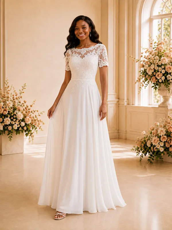 ChicSew Elegant Bateau Short Sleeves Chiffon Maxi Wedding Dress With Lace Appliques made by ChicSew