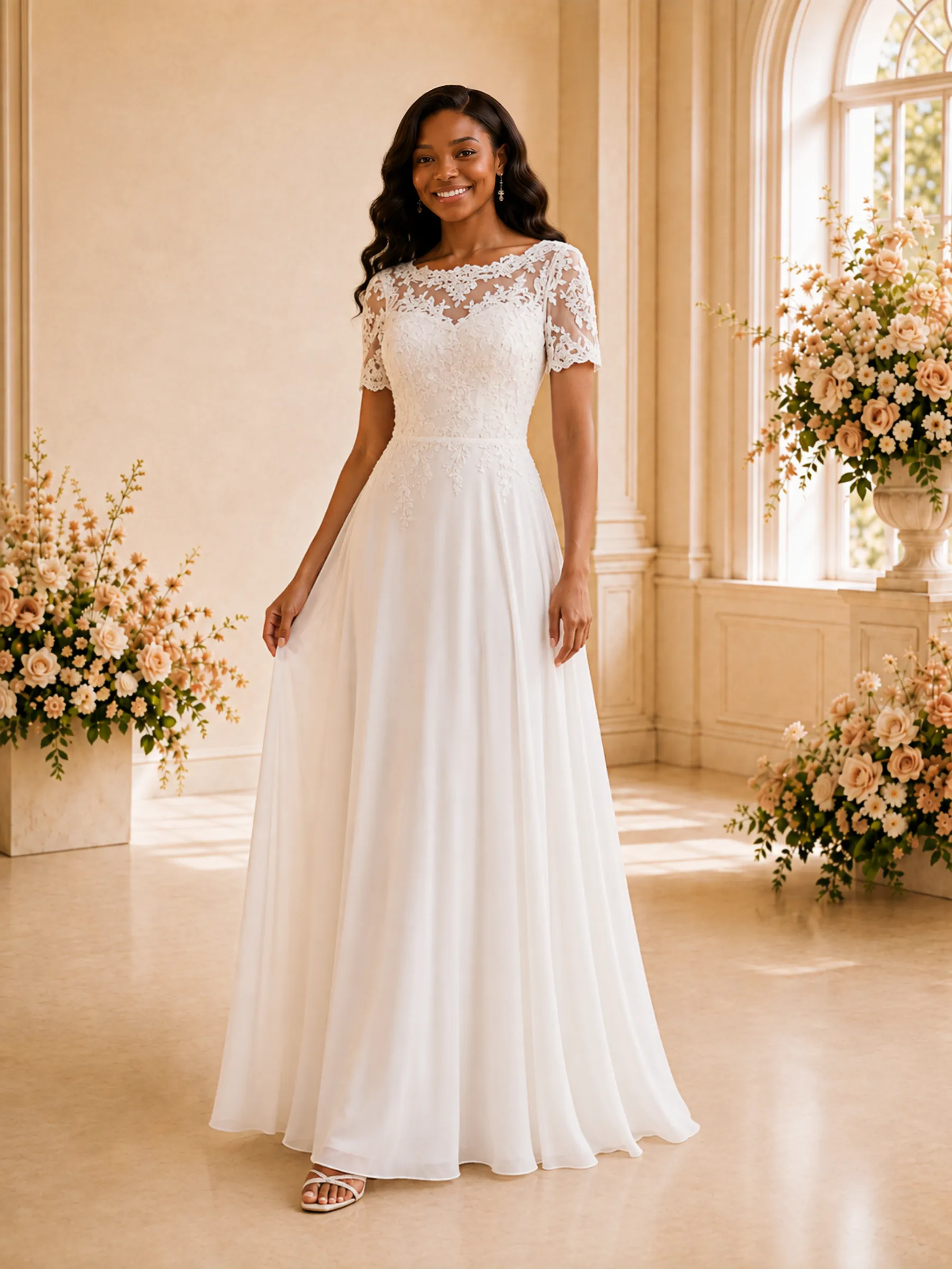 ChicSew Elegant Bateau Short Sleeves Chiffon Maxi Wedding Dress With Lace Appliques sold by ChicSew