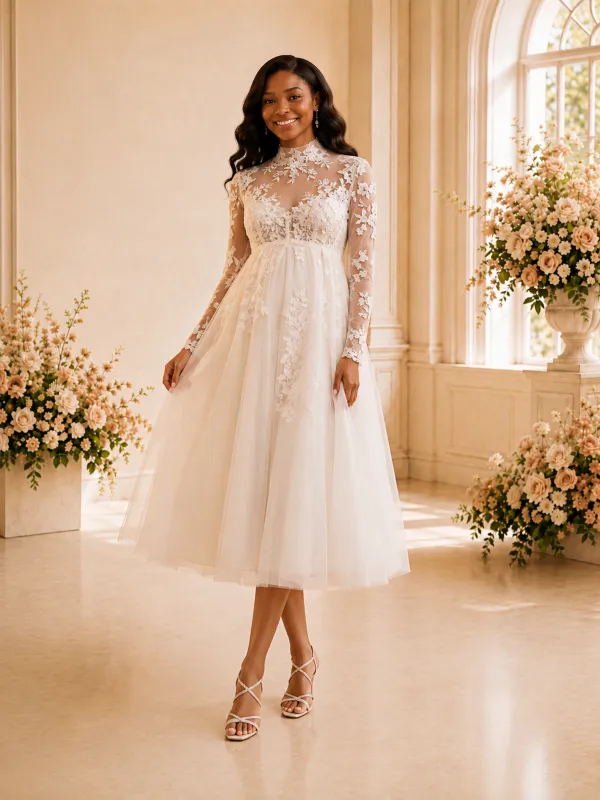 ChicSew Elegant High Neck Long Sleeves Lace Appliques Tulle Tea-Length Wedding Dress made by ChicSew