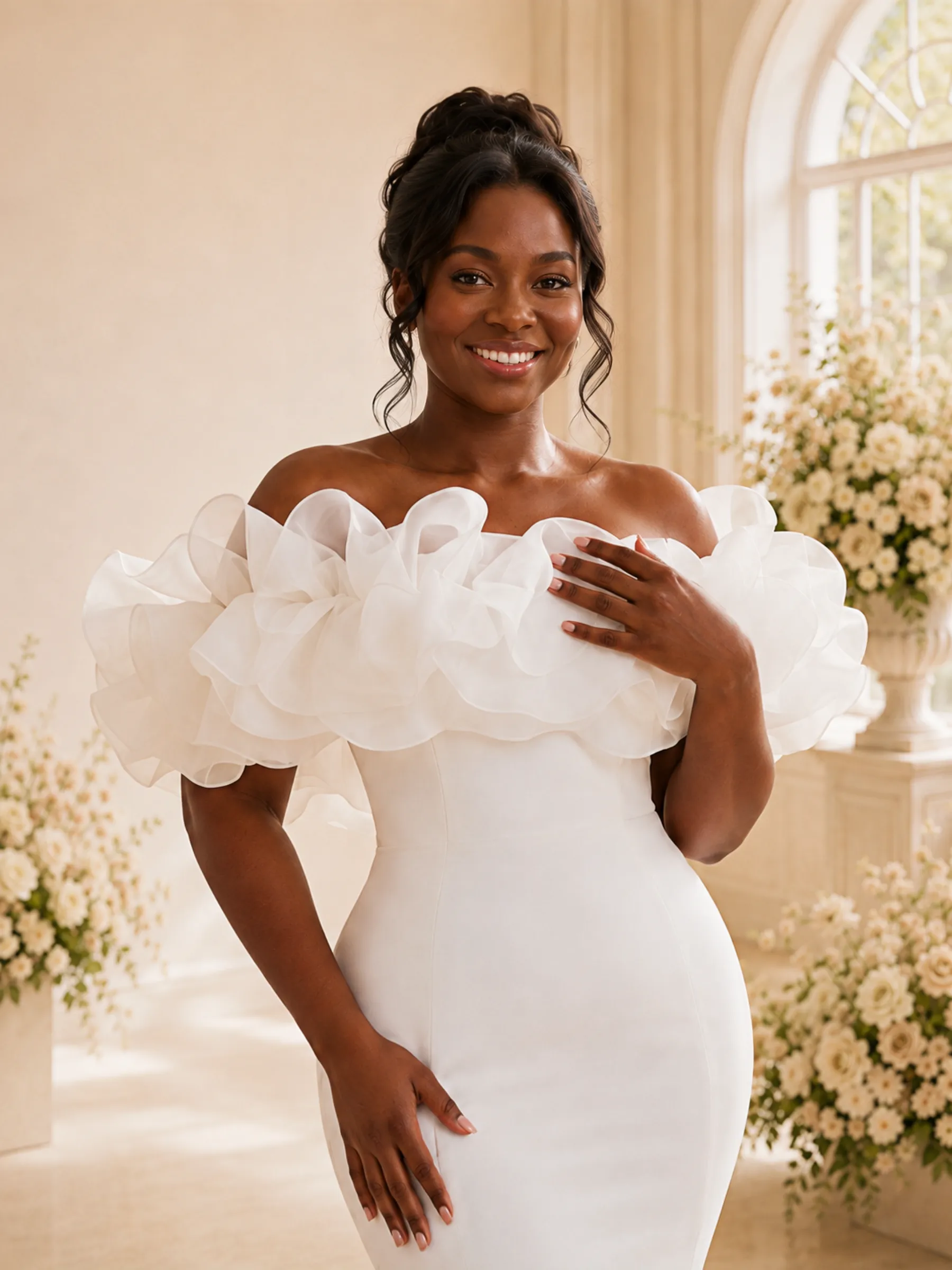 ChicSew Fancy Off The Shoulder Crepe Mermaid Floor-Length Wedding Dress With Floral Applique sold by ChicSew product image thumbnail 2