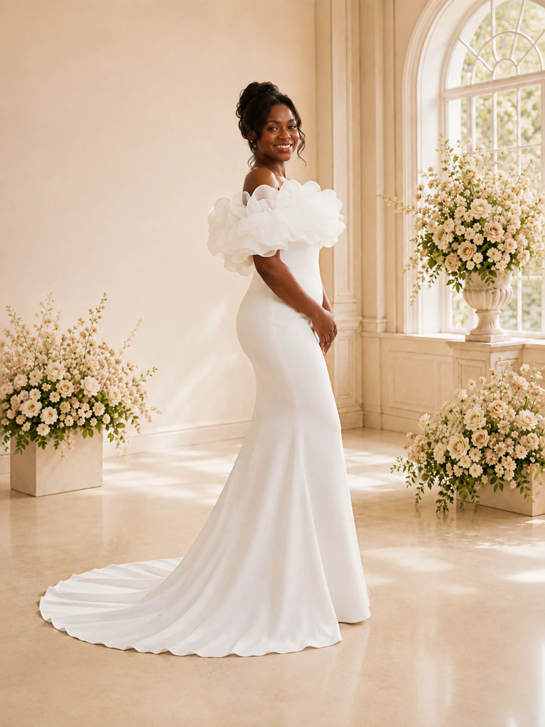 ChicSew Fancy Off The Shoulder Crepe Mermaid Floor-Length Wedding Dress With Floral Applique sold by ChicSew product image thumbnail 3