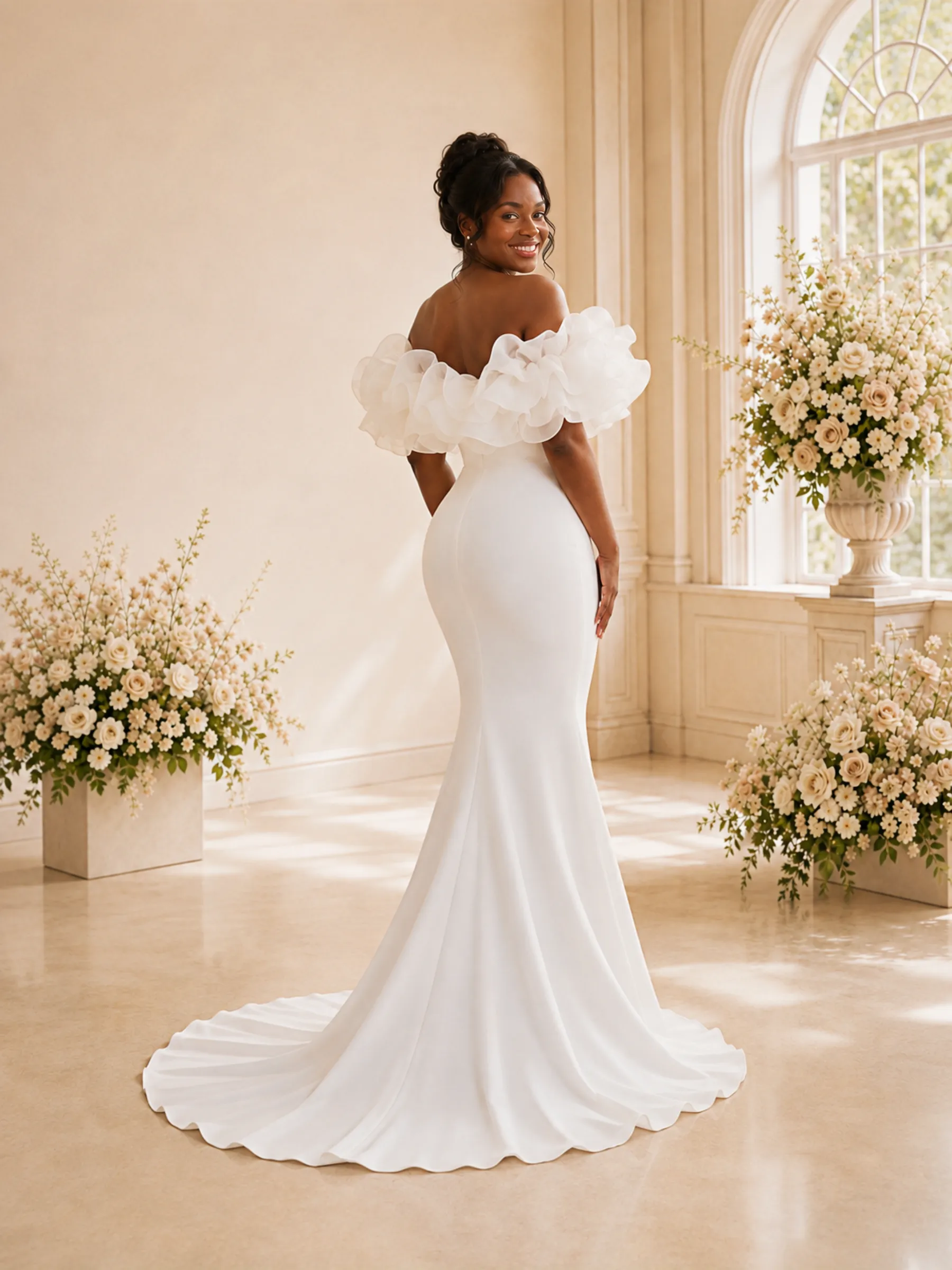 ChicSew Fancy Off The Shoulder Crepe Mermaid Floor-Length Wedding Dress With Floral Applique sold by ChicSew product image thumbnail 4