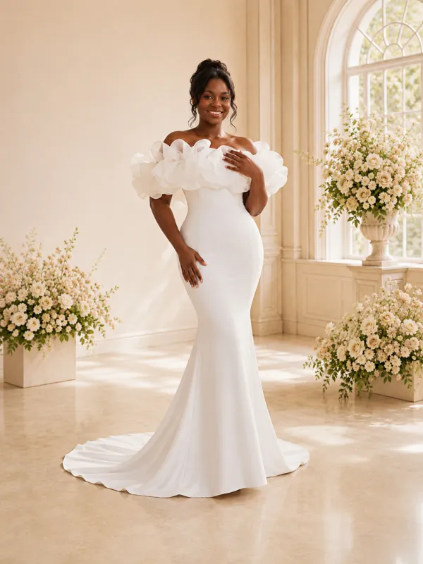 ChicSew Fancy Off The Shoulder Crepe Mermaid Floor-Length Wedding Dress With Floral Applique made by ChicSew