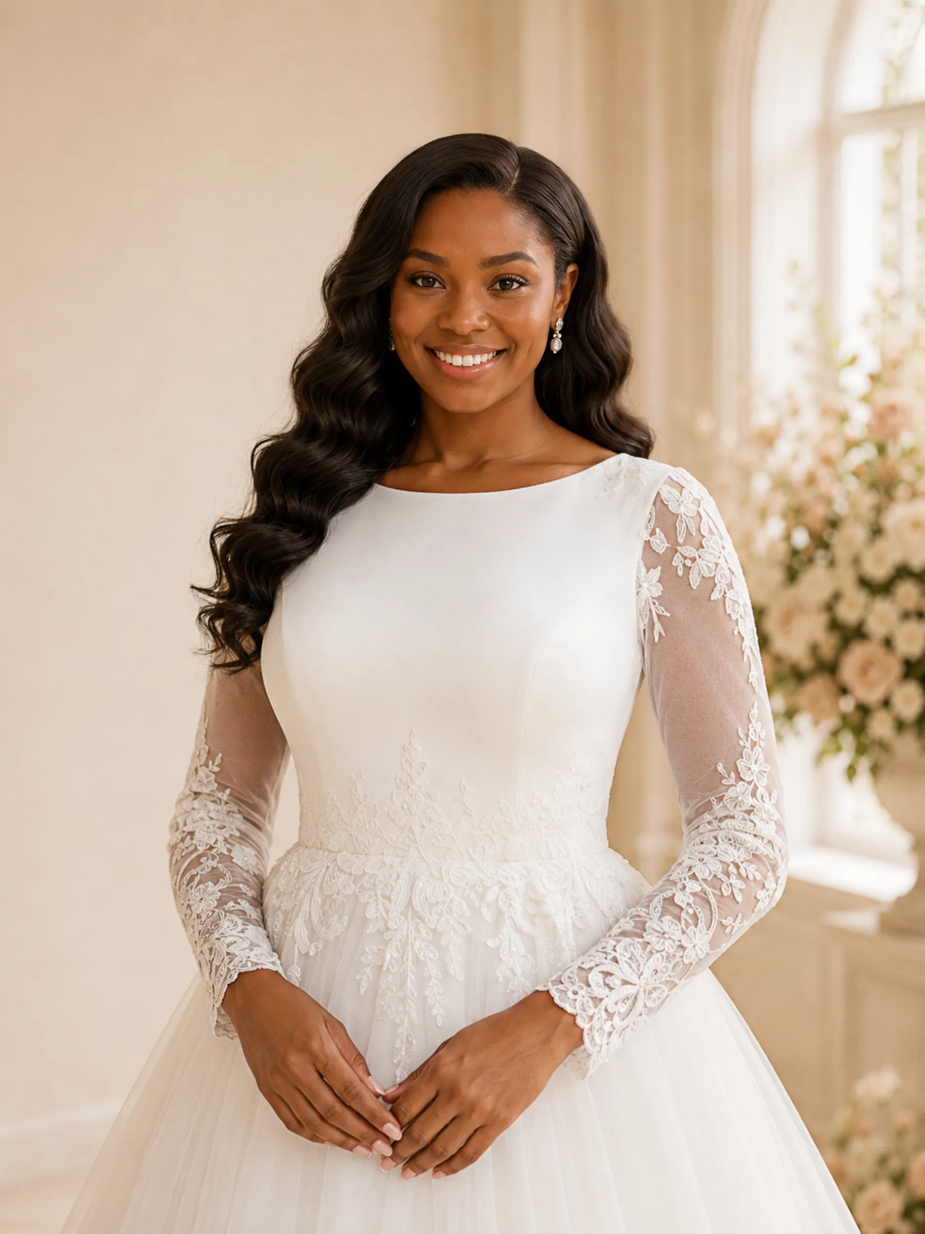 ChicSew Elegant Bateau Long Sleeves Tulle Maxi Wedding Dress With Lace Appliques sold by ChicSew product image thumbnail 2