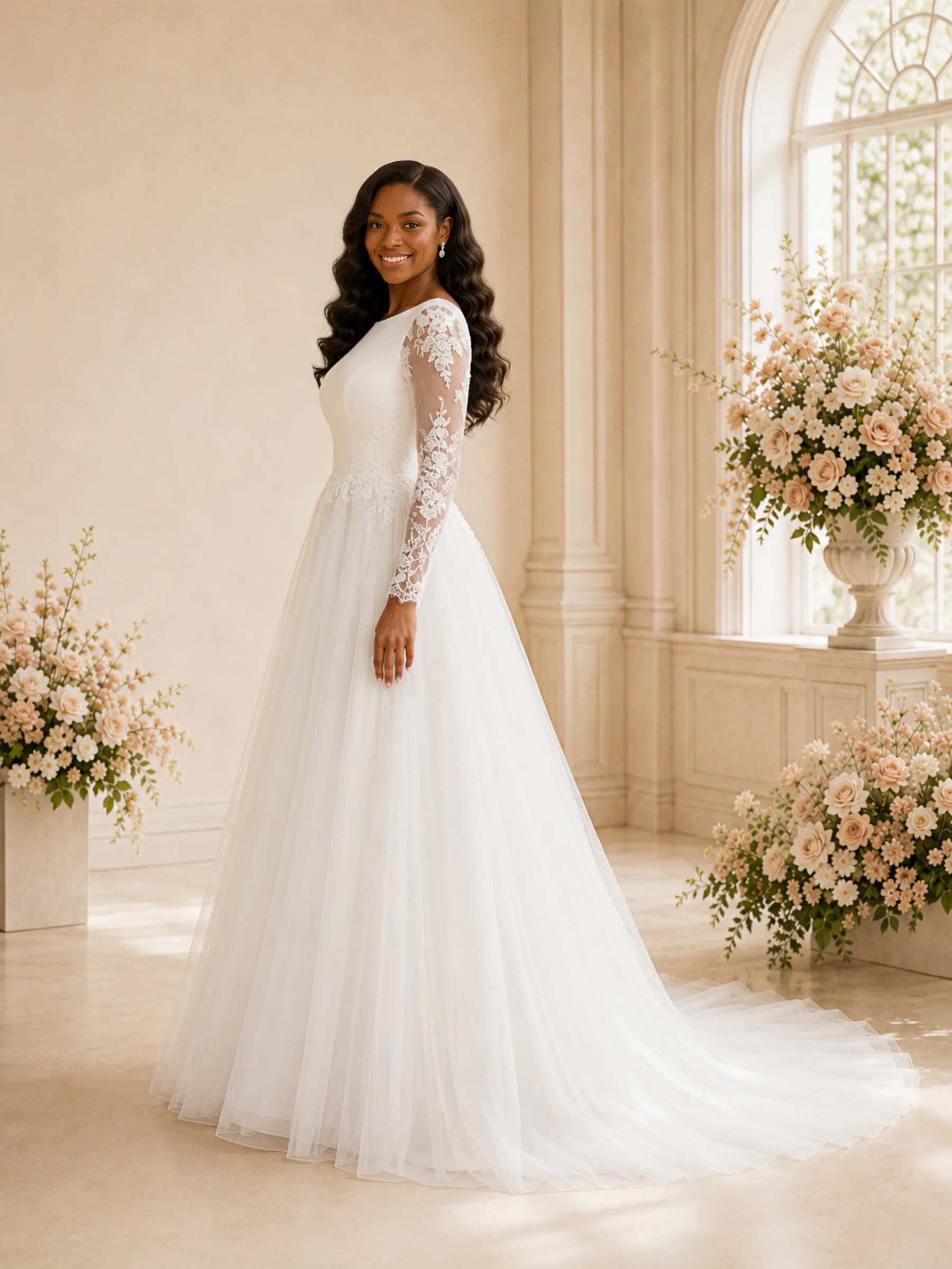 ChicSew Elegant Bateau Long Sleeves Tulle Maxi Wedding Dress With Lace Appliques sold by ChicSew product image thumbnail 3