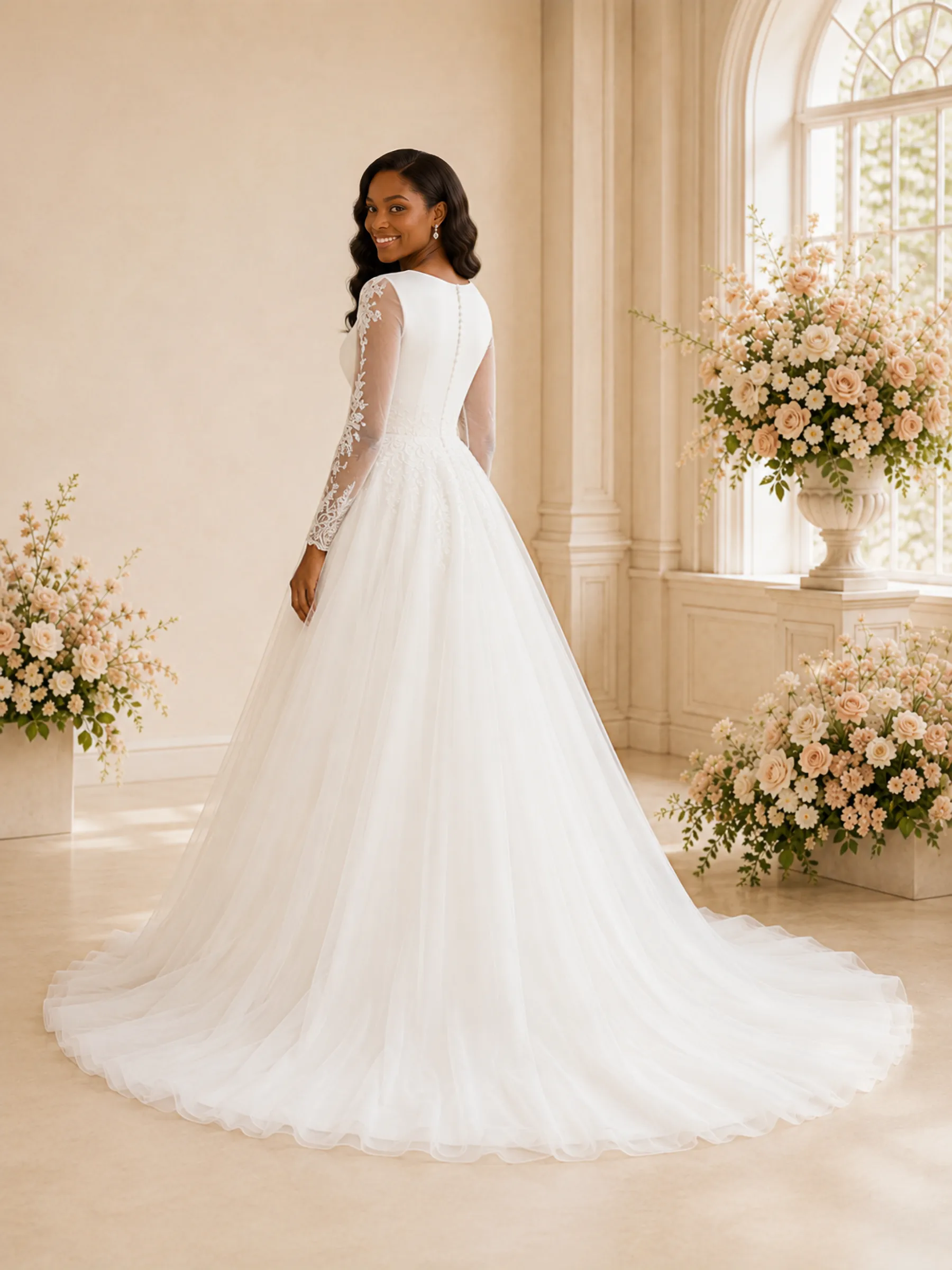 ChicSew Elegant Bateau Long Sleeves Tulle Maxi Wedding Dress With Lace Appliques sold by ChicSew product image thumbnail 4