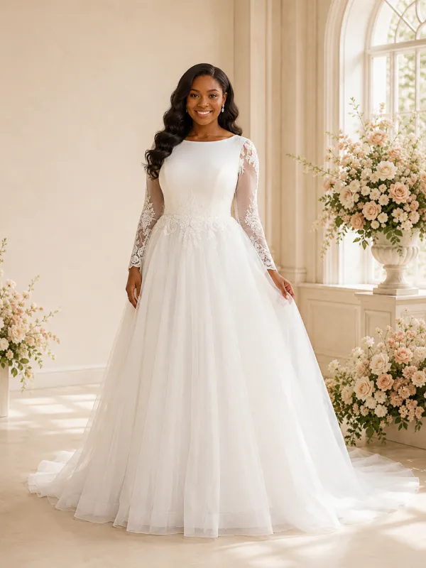 ChicSew Elegant Bateau Long Sleeves Tulle Maxi Wedding Dress With Lace Appliques made by ChicSew