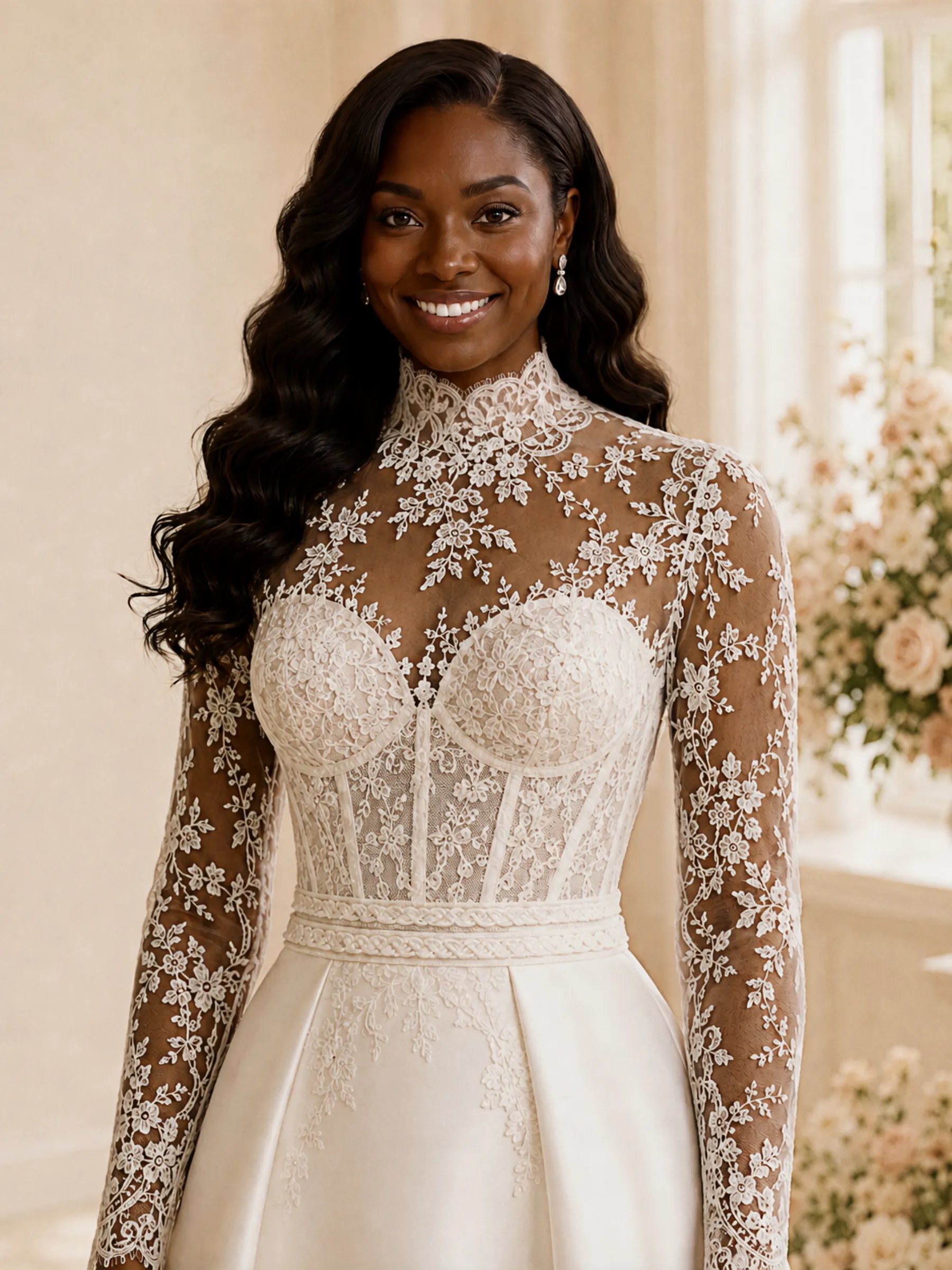 ChicSew Elegant High Neck Long Sleeves Lace Satin Maxi Wedding Dress With Boning sold by ChicSew product image thumbnail 2