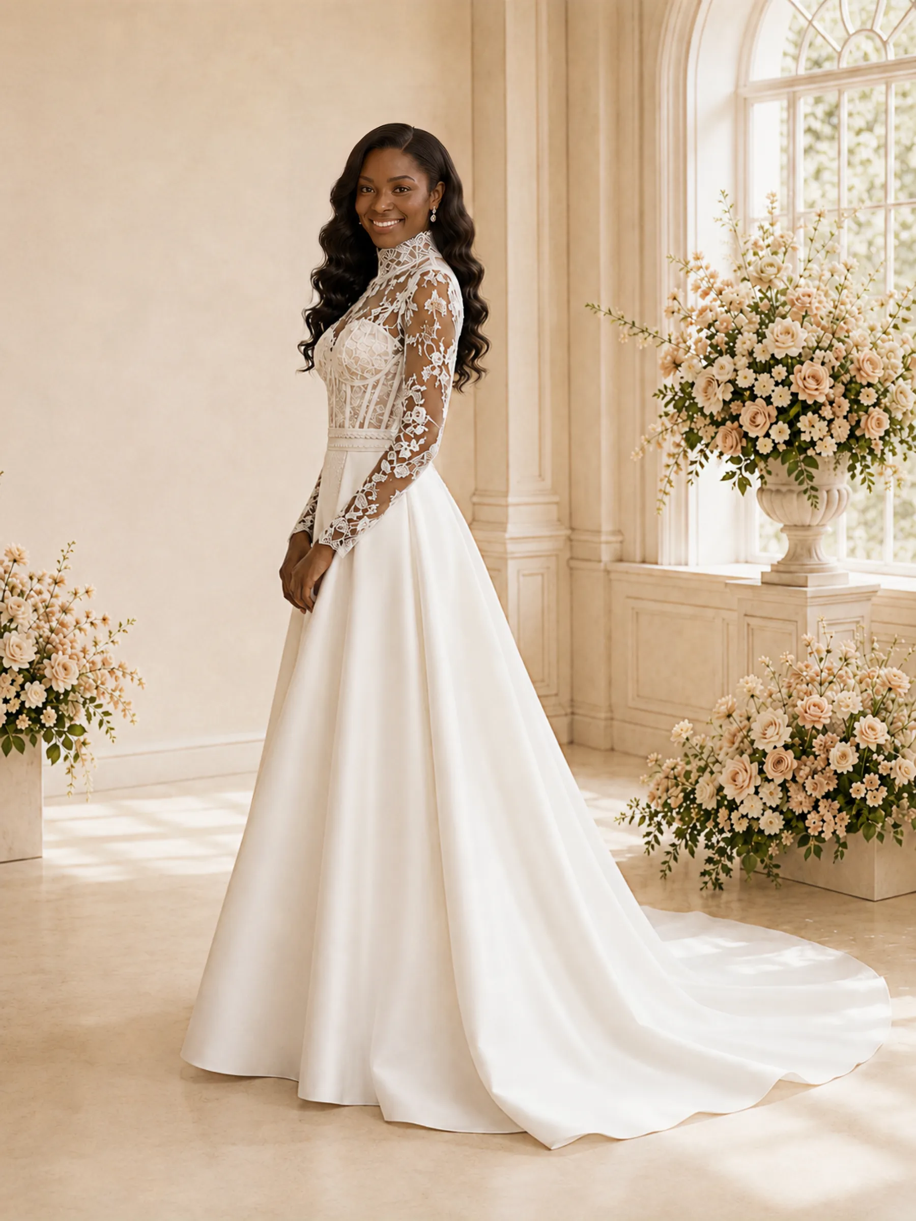 ChicSew Elegant High Neck Long Sleeves Lace Satin Maxi Wedding Dress With Boning sold by ChicSew product image thumbnail 3