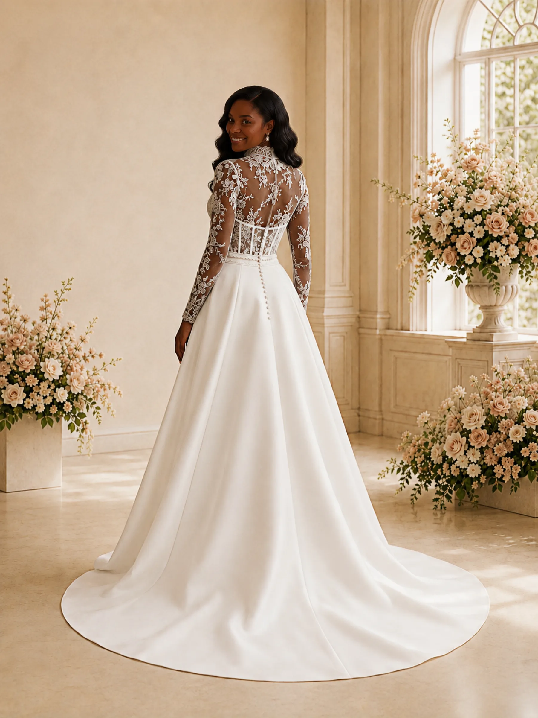 ChicSew Elegant High Neck Long Sleeves Lace Satin Maxi Wedding Dress With Boning sold by ChicSew product image thumbnail 4