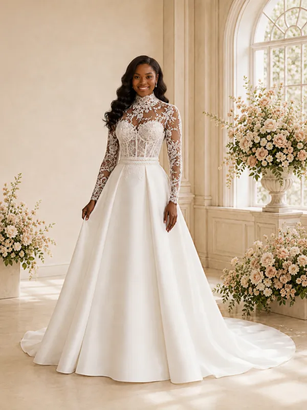 ChicSew Elegant High Neck Long Sleeves Lace Satin Maxi Wedding Dress With Boning made by ChicSew