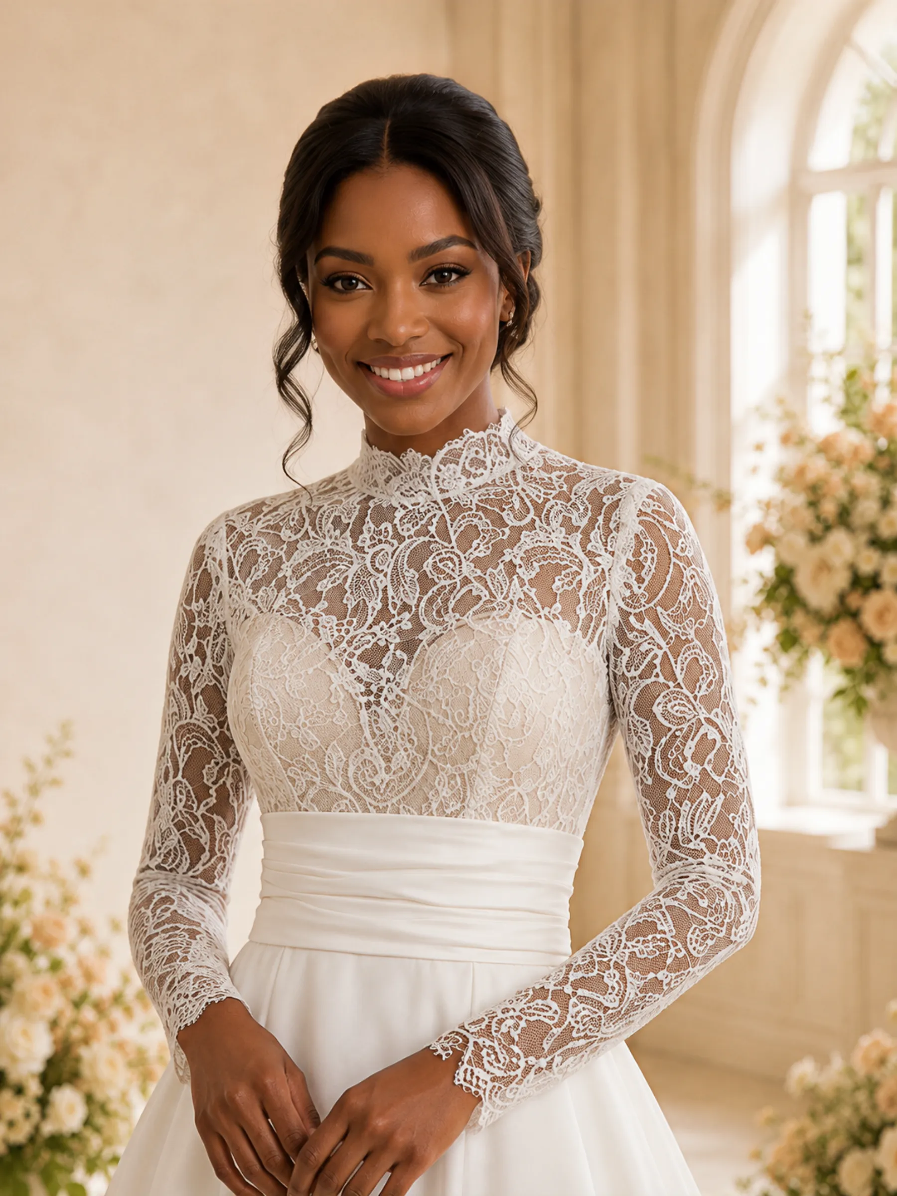 ChicSew Elegant High Neck Long Sleeves Lace Appliques Satin Maxi Wedding Dress sold by ChicSew product image thumbnail 2