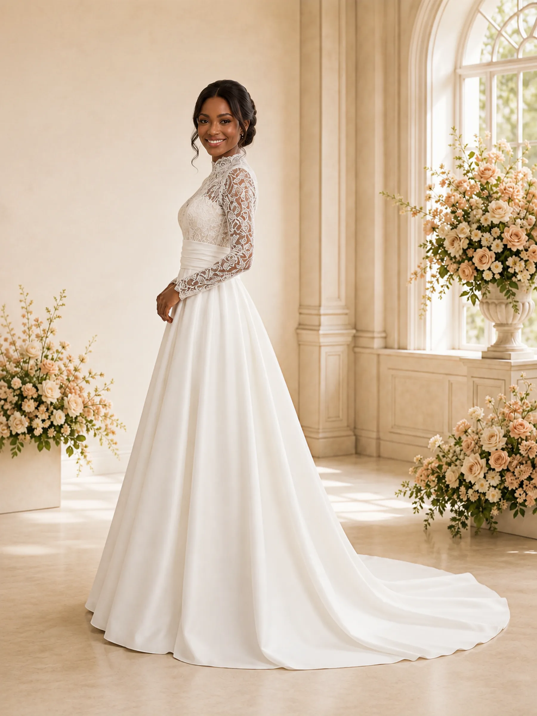 ChicSew Elegant High Neck Long Sleeves Lace Appliques Satin Maxi Wedding Dress sold by ChicSew product image thumbnail 3