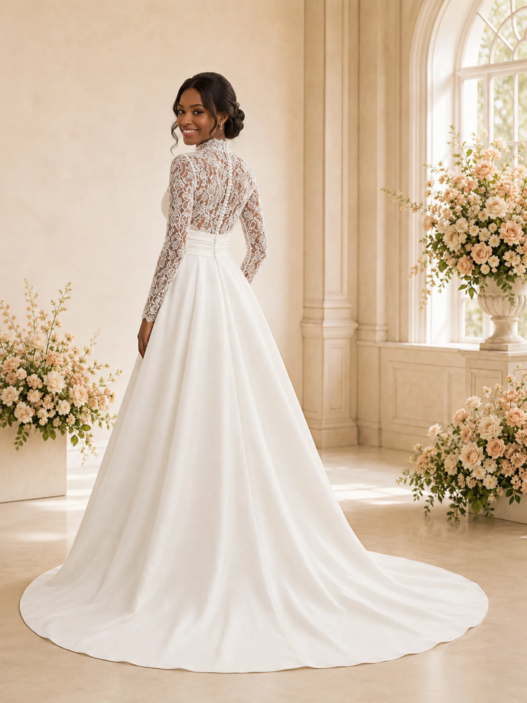 ChicSew Elegant High Neck Long Sleeves Lace Appliques Satin Maxi Wedding Dress sold by ChicSew product image thumbnail 4