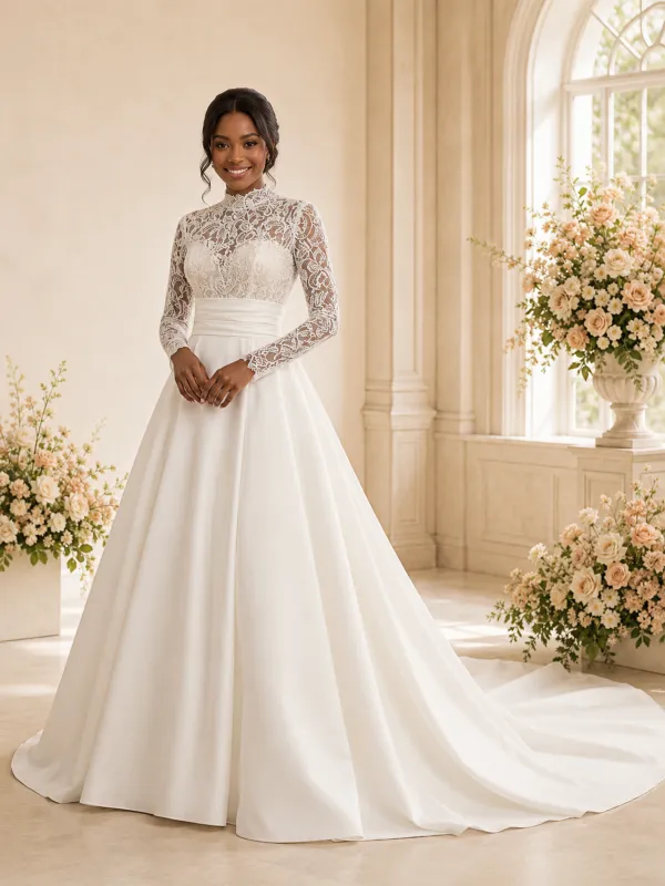 ChicSew Elegant High Neck Long Sleeves Lace Appliques Satin Maxi Wedding Dress made by ChicSew