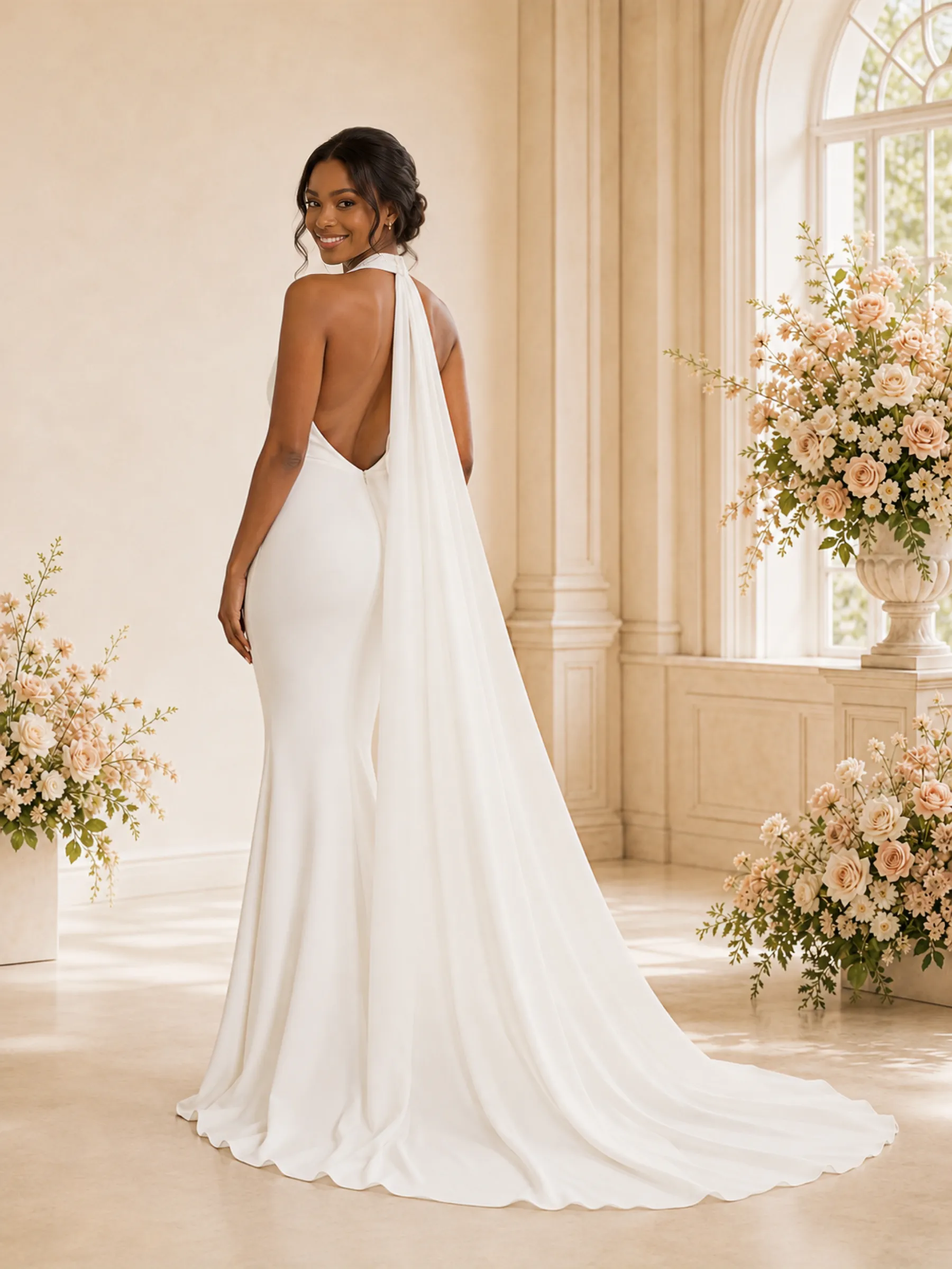 ChicSew Sexy Halter Deep V-Neck Mermaid Crepe Floor-Length Open Back Wedding Dress sold by ChicSew product image thumbnail 4