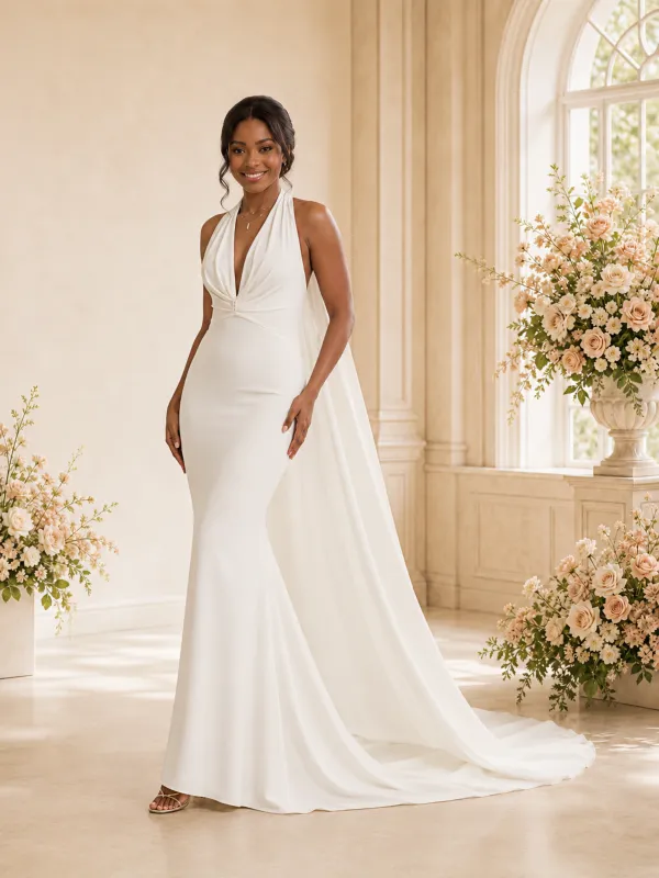 ChicSew Sexy Halter Deep V-Neck Mermaid Crepe Floor-Length Open Back Wedding Dress made by ChicSew