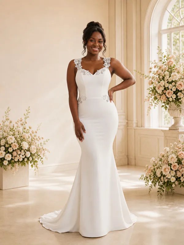 ChicSew Fancy V-Neck Crepe Mermaid Floor-Length Wedding Dress With Applique made by ChicSew
