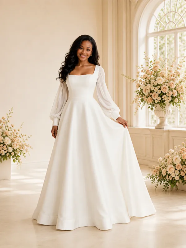 ChicSew Elegant Square Neck Long Chiffon Sleeves Crepe A-Line Maxi Wedding Dress made by ChicSew