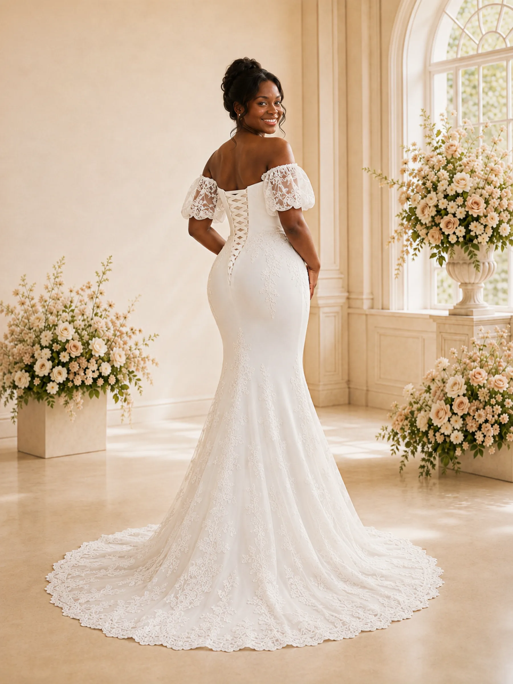 ChicSew Fancy Off The Shoulder Crepe Mermaid Long Wedding Dress With Applique sold by ChicSew product image thumbnail 4