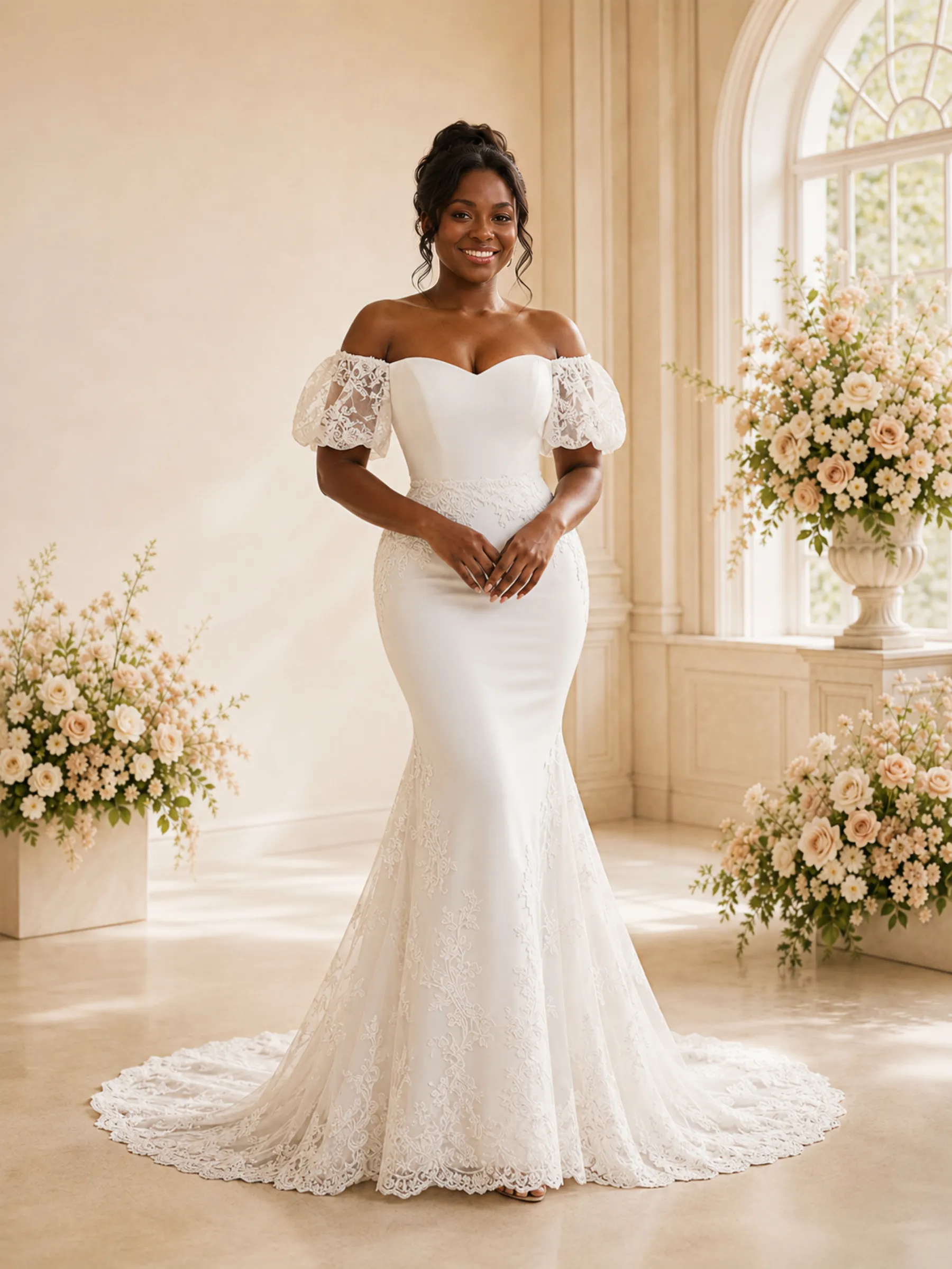 ChicSew Fancy Off The Shoulder Crepe Mermaid Long Wedding Dress With Applique sold by ChicSew