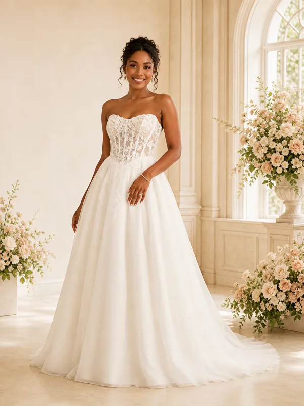 ChicSew Elegant Sweetheart Boning A-Line Lace Applique Tulle Maxi Wedding Dress made by ChicSew