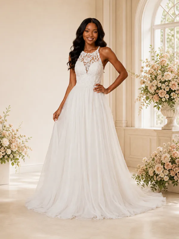 ChicSew Elegant Halter Sleeveless Lace Appliques Chiffon A-Line Maxi Wedding Dress made by ChicSew