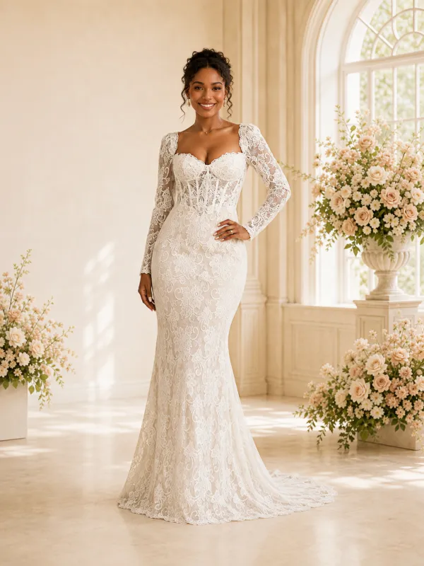 ChicSew Fancy Sweetheart Lace Appliques Long Sleeves Mermaid Maxi Wedding Dress made by ChicSew