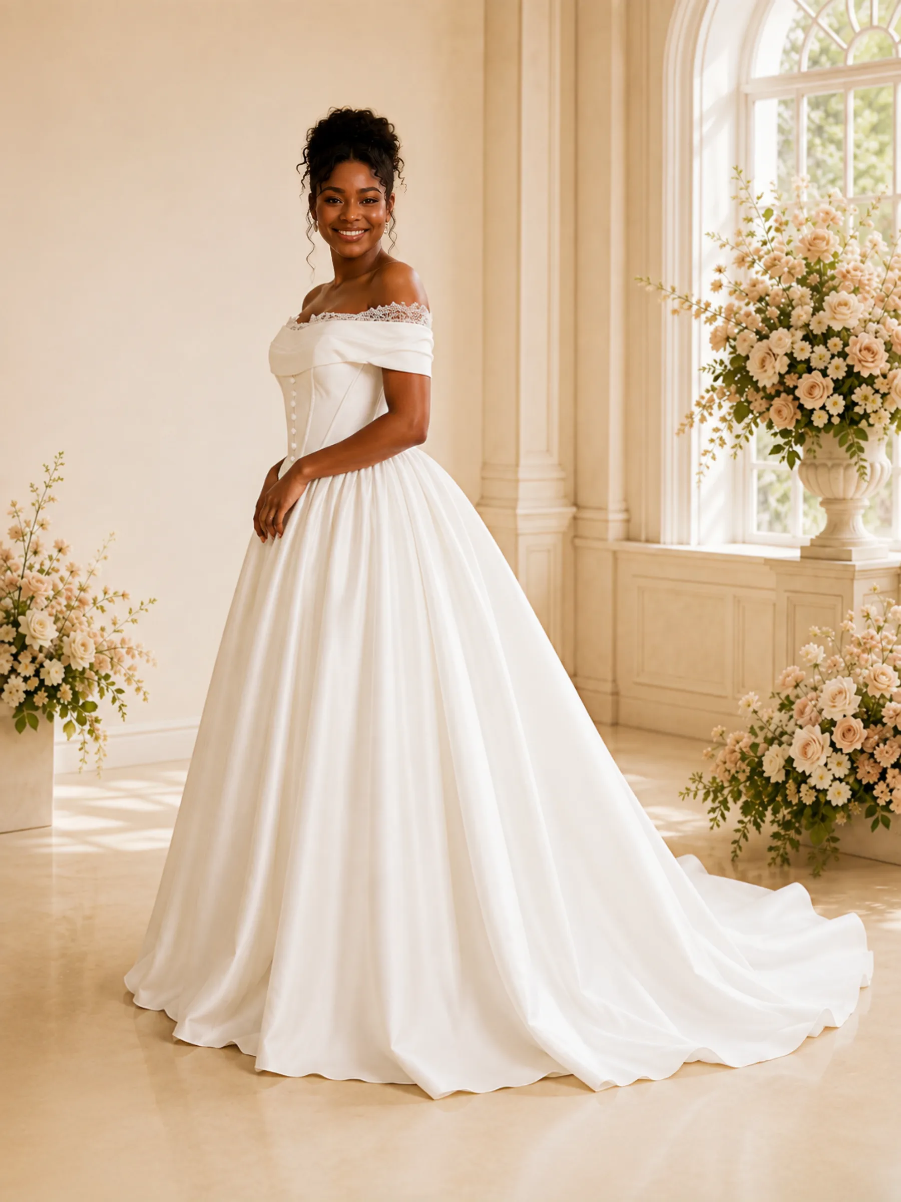 ChicSew Fancy Elegant Off The Shoulder Ruched Boning A-Line Satin Maxi Wedding Dress sold by ChicSew product image thumbnail 3