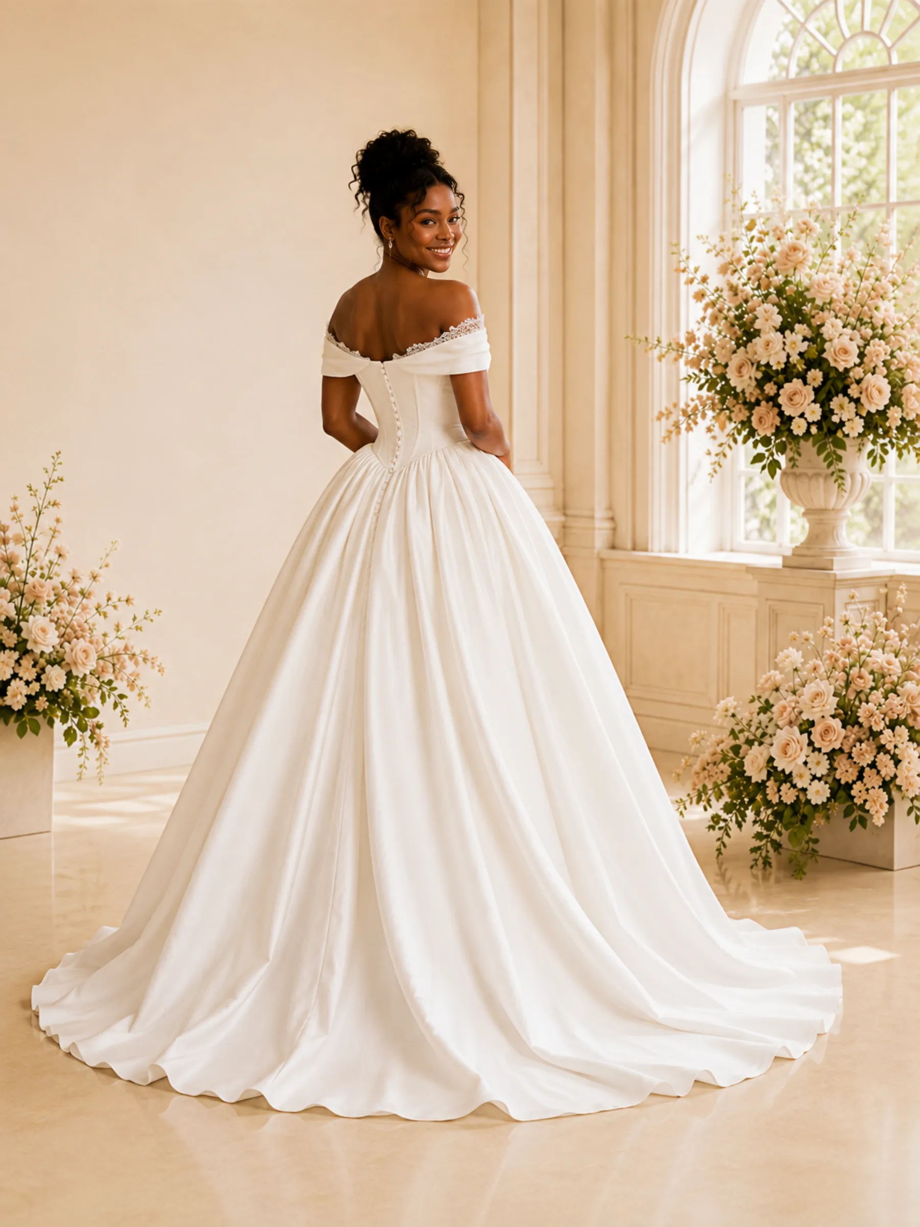 ChicSew Fancy Elegant Off The Shoulder Ruched Boning A-Line Satin Maxi Wedding Dress sold by ChicSew product image thumbnail 4