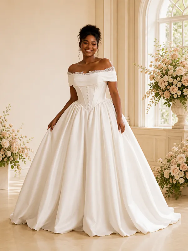 ChicSew Fancy Elegant Off The Shoulder Ruched Boning A-Line Satin Maxi Wedding Dress made by ChicSew