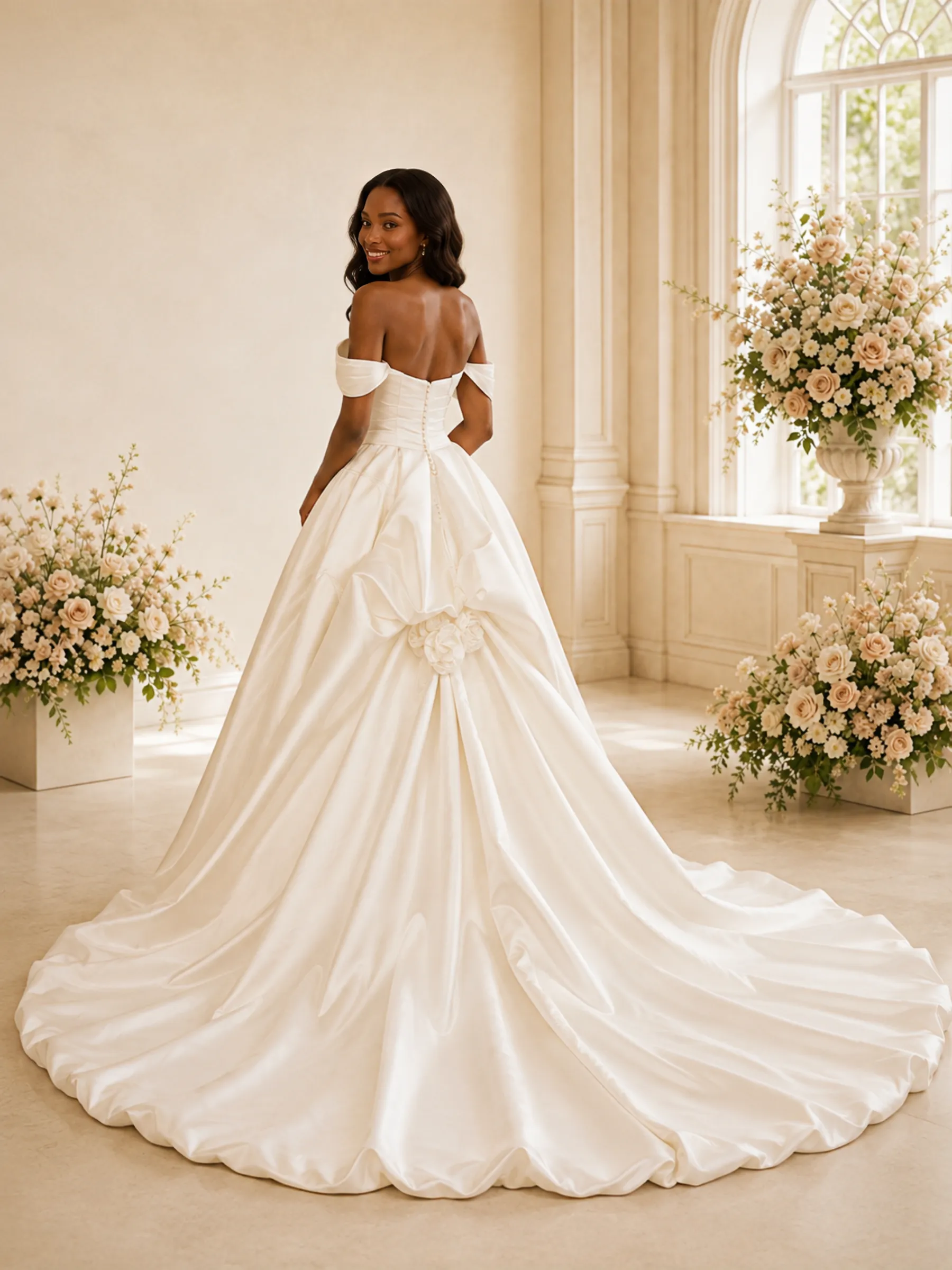 ChicSew Fancy Off The Shoulder Ruched Side Slit A-Line Satin Maxi Wedding Dress sold by ChicSew product image thumbnail 4