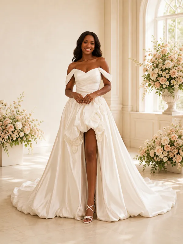 ChicSew Fancy Off The Shoulder Ruched Side Slit A-Line Satin Maxi Wedding Dress made by ChicSew