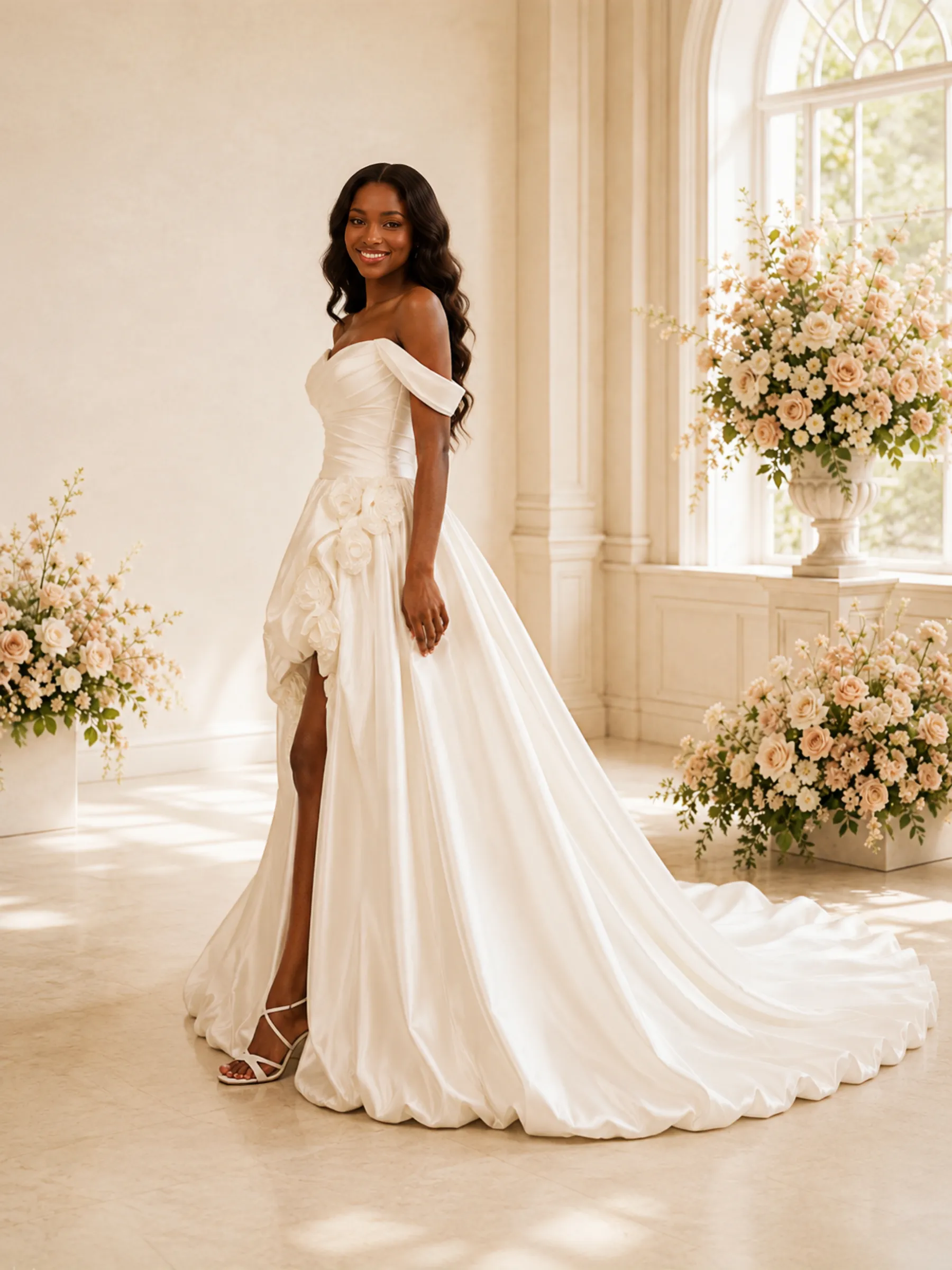 ChicSew Fancy Off The Shoulder Ruched Side Slit A-Line Satin Maxi Wedding Dress sold by ChicSew product image thumbnail 3