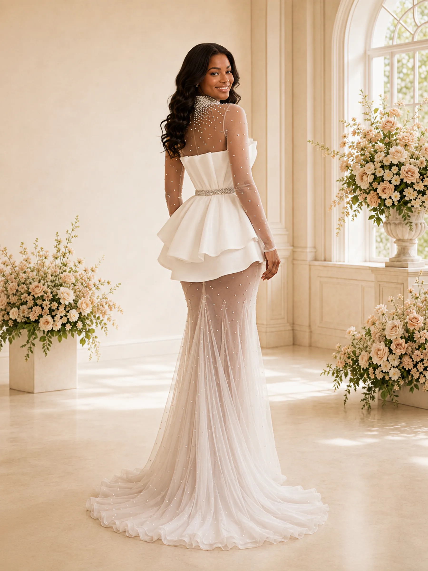 ChicSew Unqiue High Neck Tulle Chiffon Mermaid Long Sleeves Floor-Length Wedding Dress With Beading sold by ChicSew product image thumbnail 4