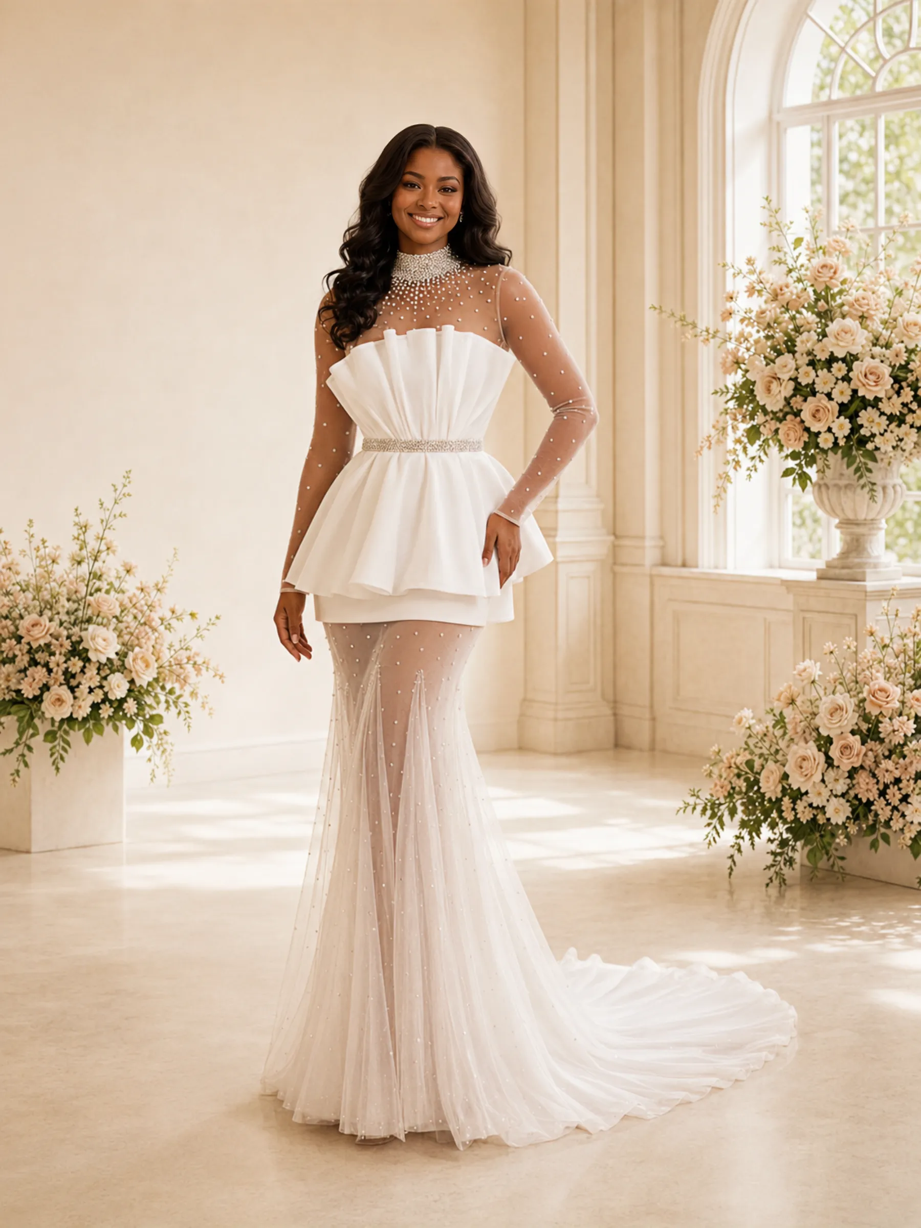 ChicSew Unqiue High Neck Tulle Chiffon Mermaid Long Sleeves Floor-Length Wedding Dress With Beading sold by ChicSew
