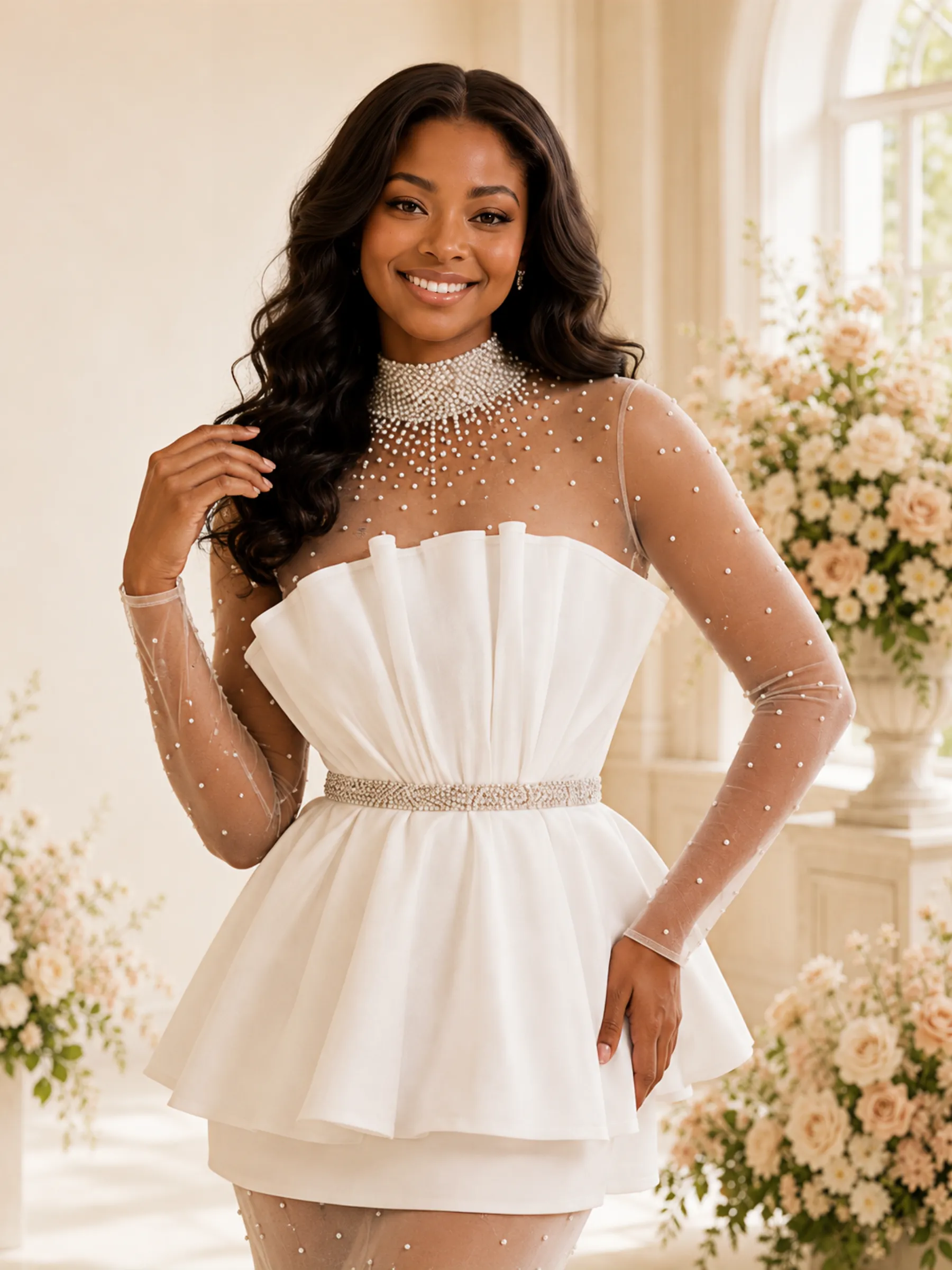 ChicSew Unqiue High Neck Tulle Chiffon Mermaid Long Sleeves Floor-Length Wedding Dress With Beading sold by ChicSew product image thumbnail 2