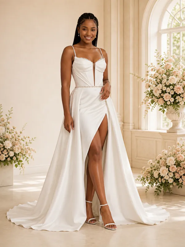 ChicSew Fancy Unique Mermaid Satin Spaghetti Straps Side Slit Wedding Dress With Overskirt made by ChicSew