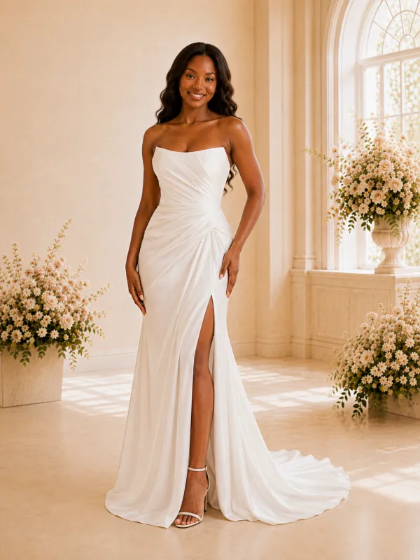 ChicSew Fancy Strapless Side Slit Maxi Long Satin Mermaid Wedding Dress made by ChicSew