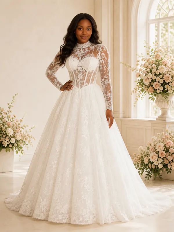 ChicSew Elegant High Neck Long Sleeves Boning Lace Maxi A-Line Wedding Dress made by ChicSew