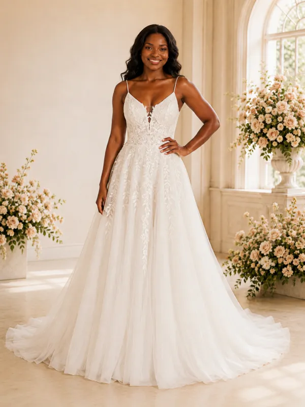 ChicSew Fancy Spaghetti Straps V-Neck Lace Appliques Glitter Tulle A-Line Maxi Wedding Dress made by ChicSew