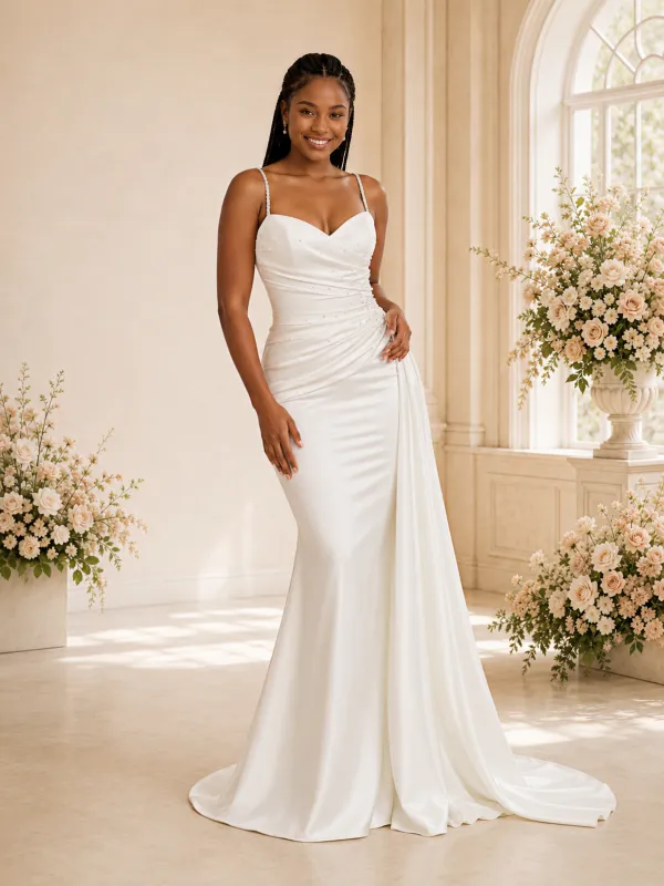 ChicSew Fancy Spaghetti Straps Satin Beaded Mermaid Floor-Length Wedding Dress made by ChicSew