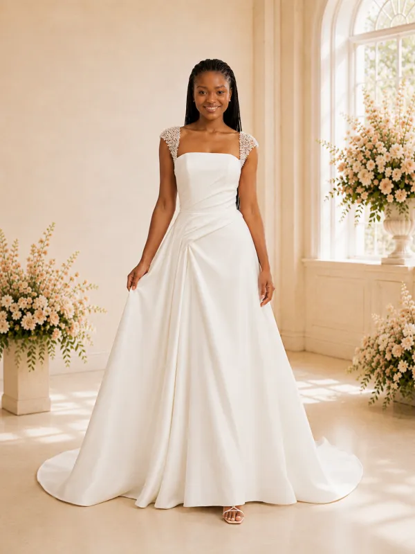 ChicSew Fancy Square Neck Rhinestone Ruching A-Line Satin Maxi Wedding Dress made by ChicSew