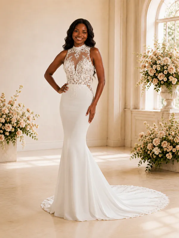 ChicSew Elegant High Neck Sleeveless Lace Appliques Crepe Long Mermaid Wedding Dress made by ChicSew