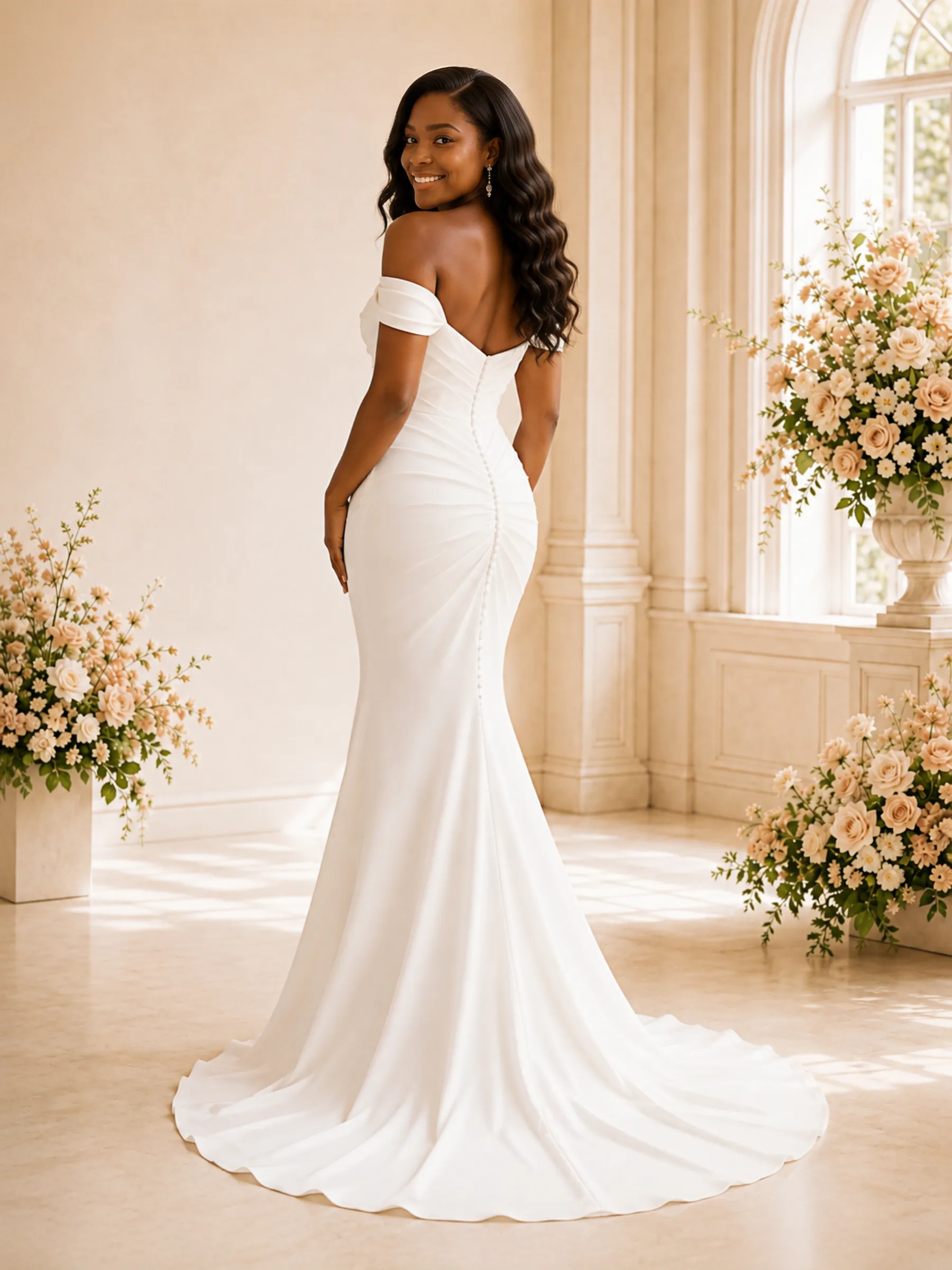 ChicSew Elegant Off The Shoulder Ruching Crepe Mermaid Long Wedding Dress sold by ChicSew product image thumbnail 4